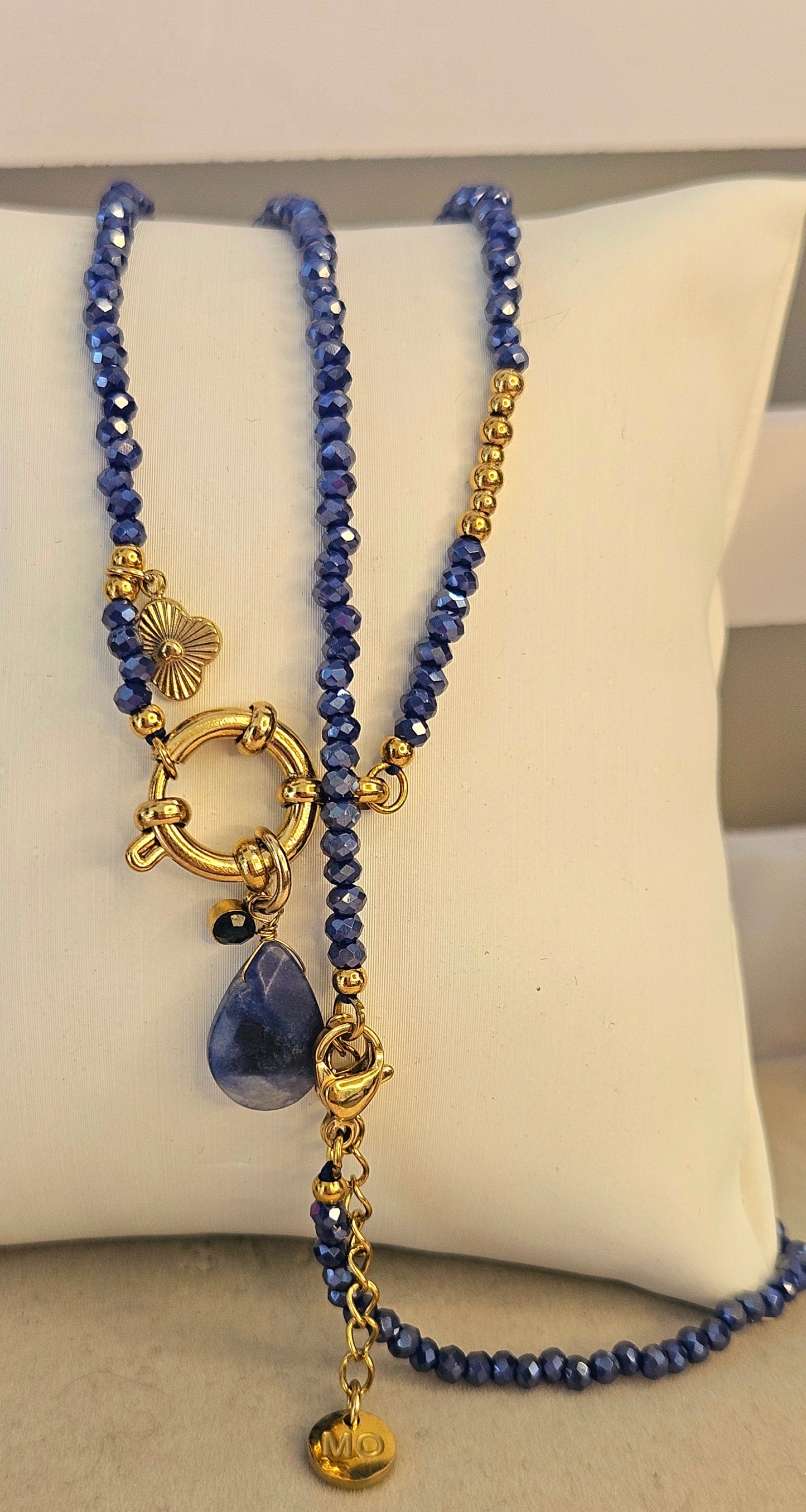 Collier sautoir bleu pierre naturelle et bracelet