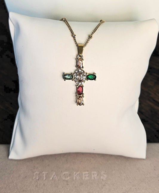 Collier croix cristal multicolore
