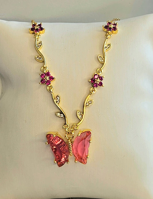 Collier cristal papillon rose