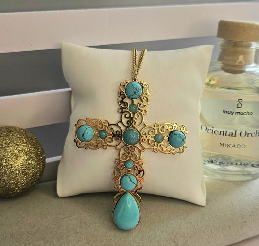 Collier grande croix turquoise