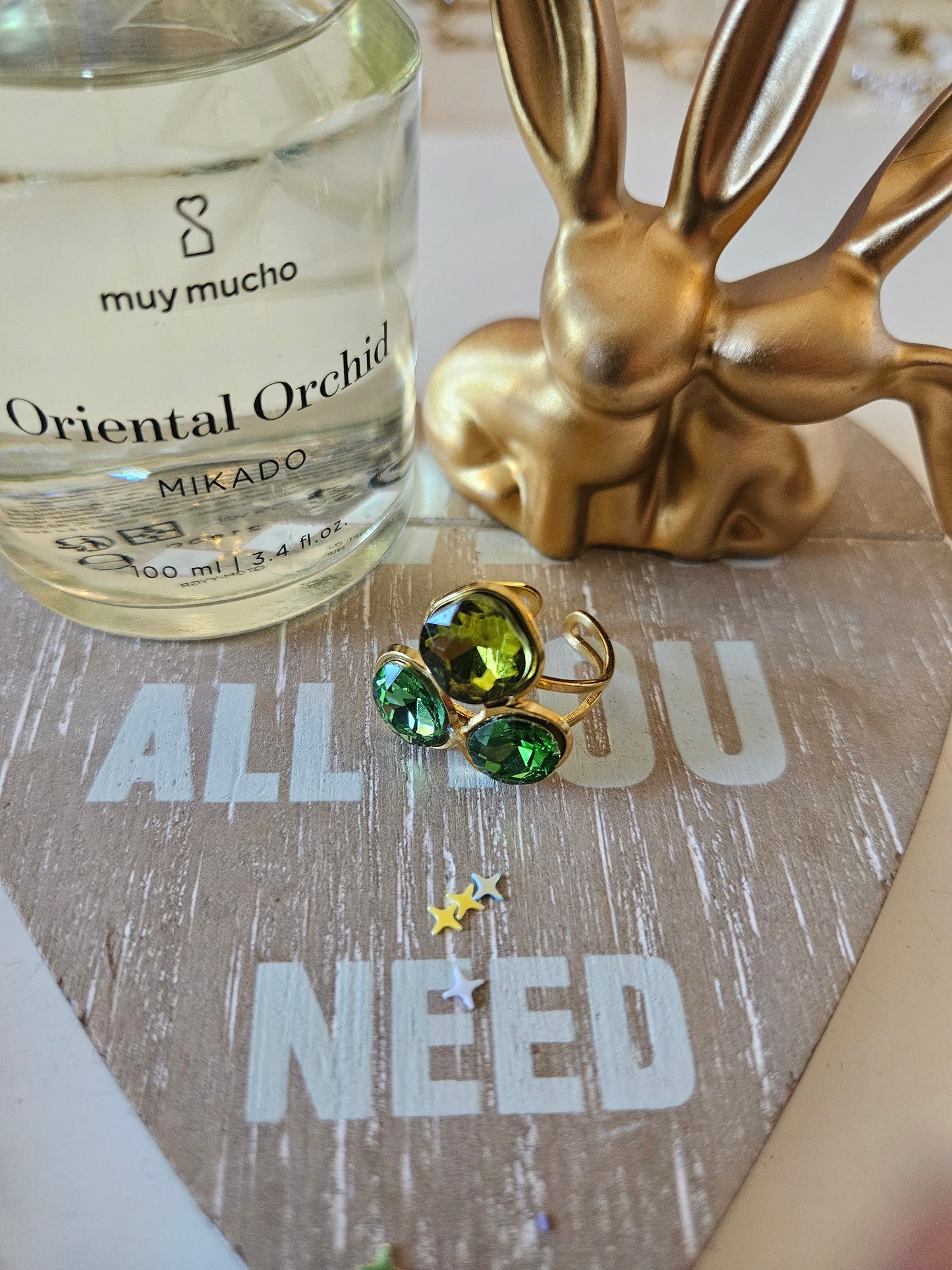 Bague cristal verte trois pierres retro