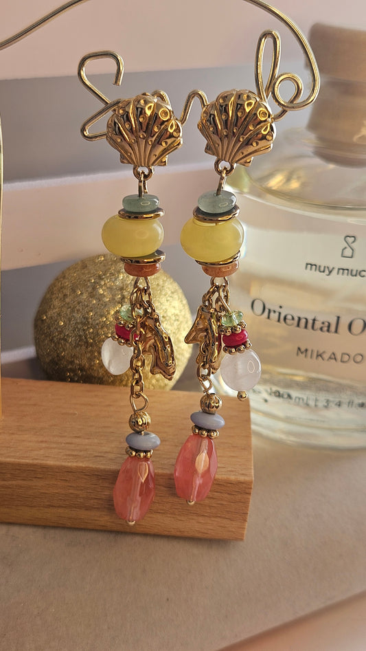 Boucles d'oreilles pendantes multicolore perle verte