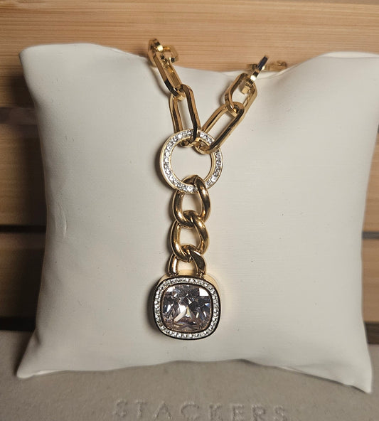 Collier cristal carre chaine et rond en strass