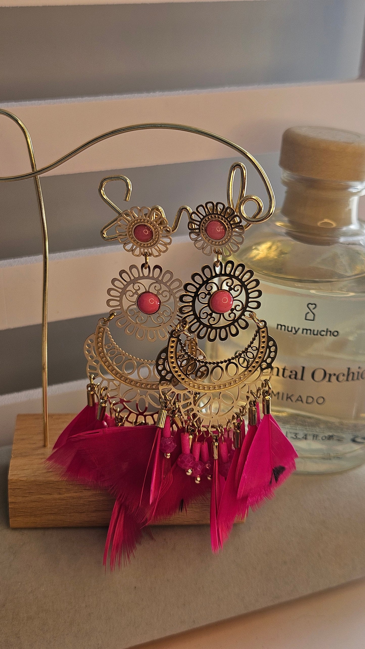 Boucles d'oreilles oriental plume fushia