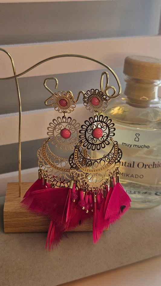 Boucles d'oreilles oriental plume fushia