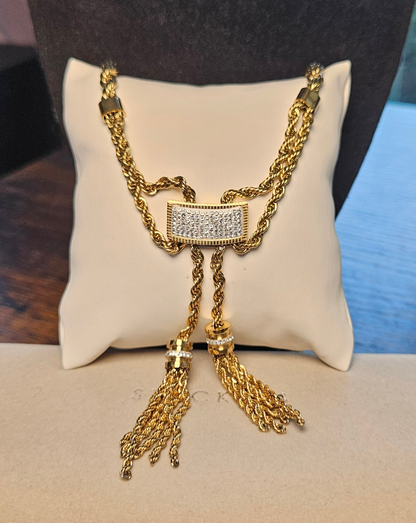 Collier rectangle strass double chaine tresse oriental