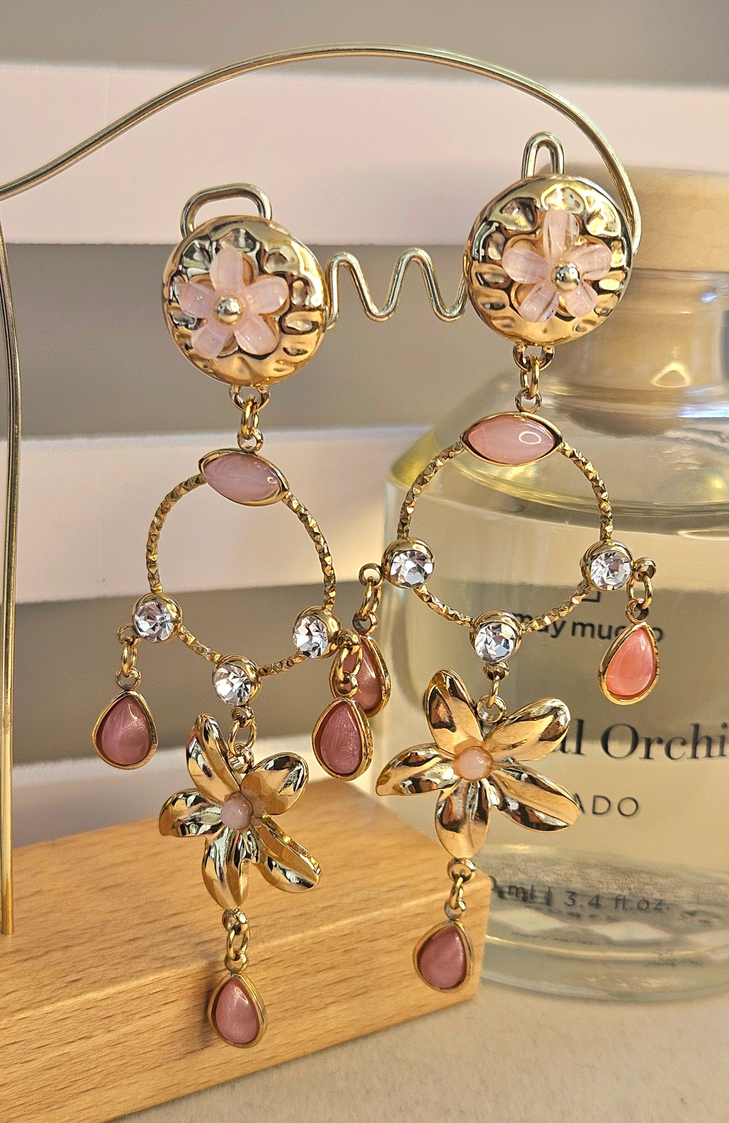 Boucles d'oreilles fleur rose goutte