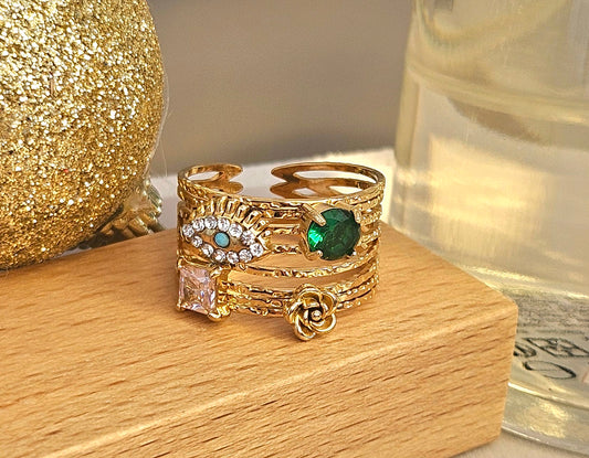 Bague œil et cristal vert et rose