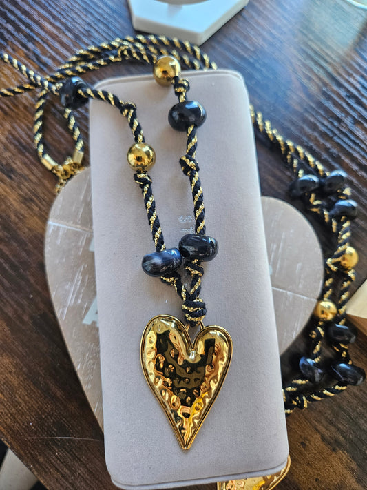 Collier sautoir coeur cordon noir et doré