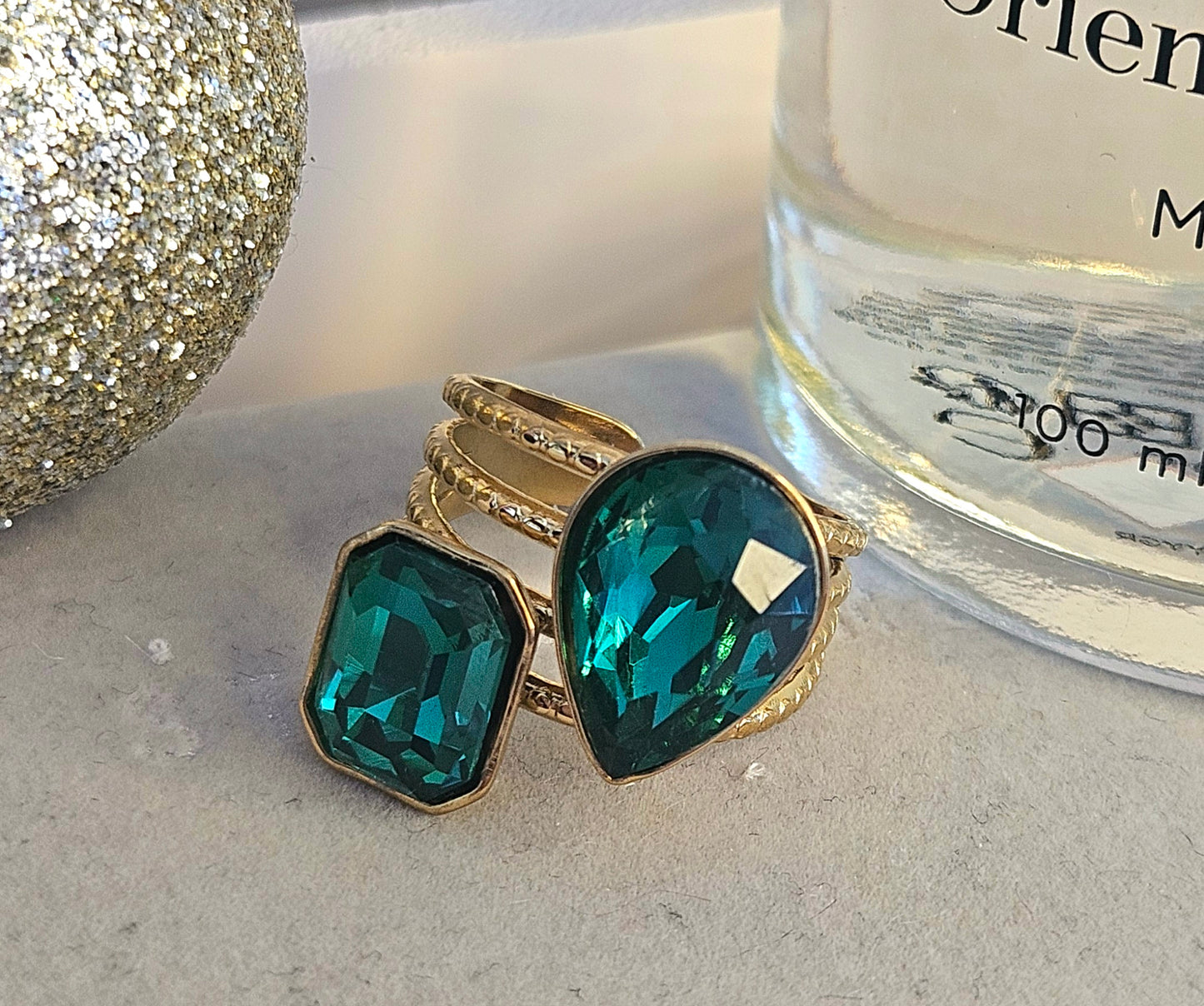 Bague cristal vert double goutte