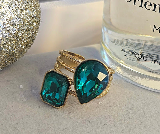 Bague cristal vert double goutte