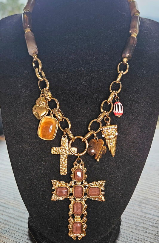 Collier long croix cristal champagne