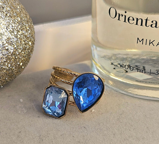 Bague cristal bleu double goute