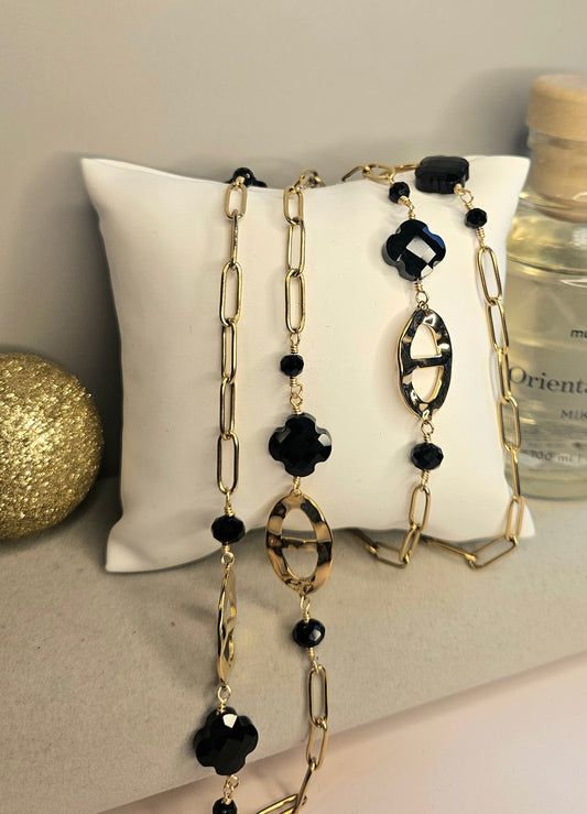 Collier sautoire cristal noir trefle