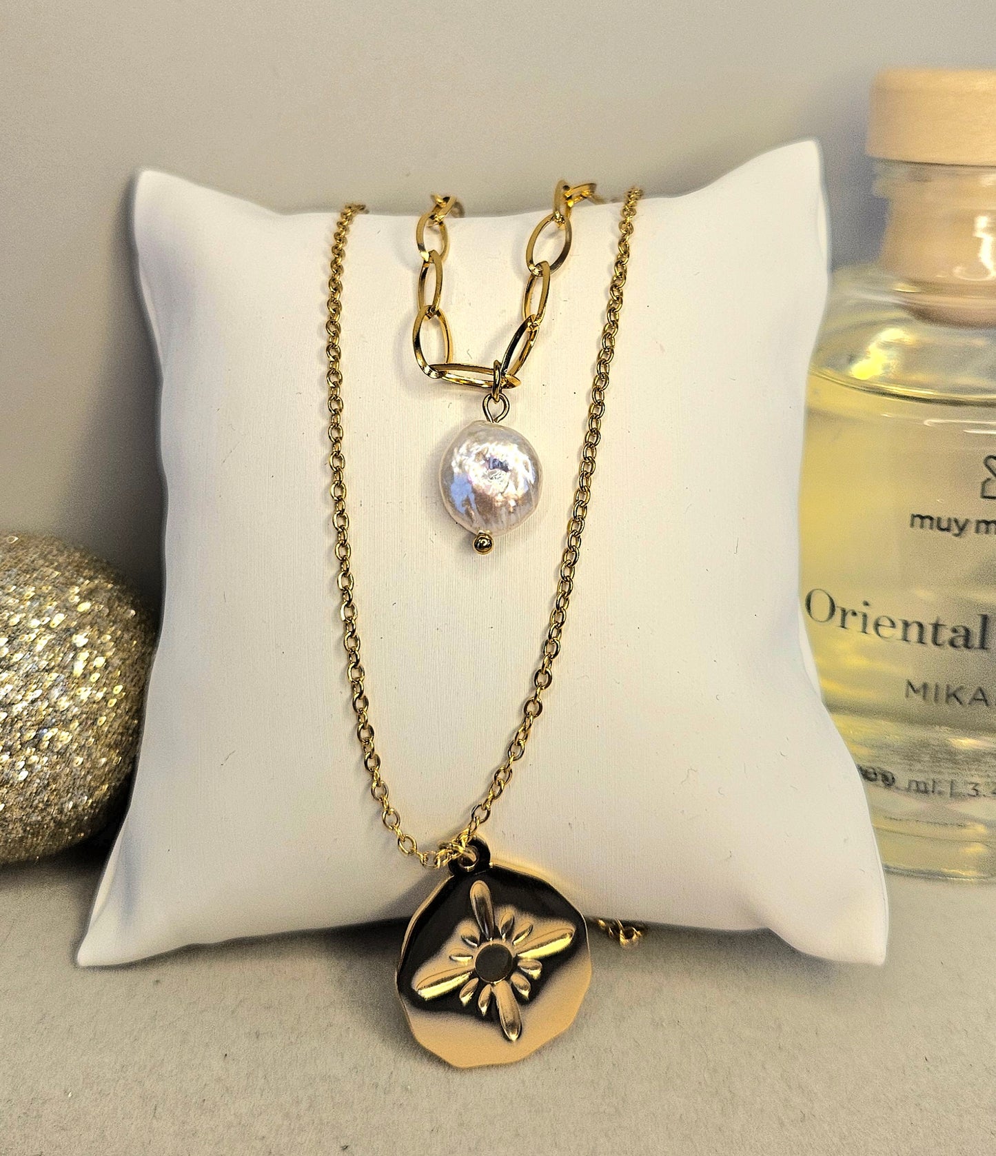Collier perle et etoile double chaine