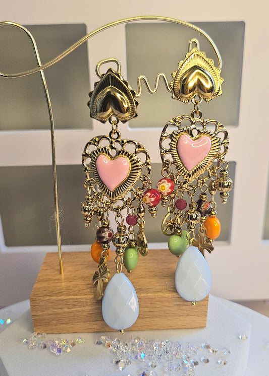 Boucles d'oreilles pendantes cœur rose